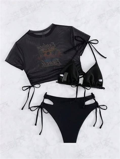 Conjunto De Maiô Bikini Separado 3 Peças Em Estilo Sólido Com Estampa