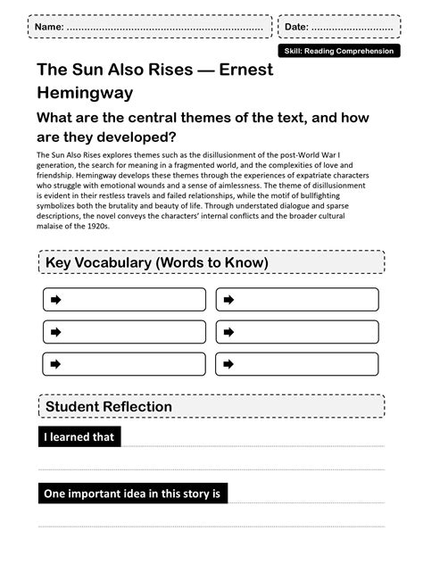 The Sun Also Rises — Ernest Hemingway I Reading Comprehension Worksheets