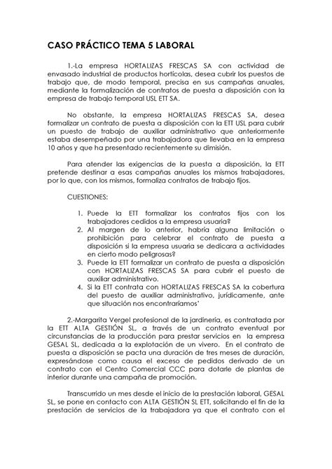 Supuesto Práctico Tema 5 Caso PrÁctico Tema 5 Laboral 1 La Empresa