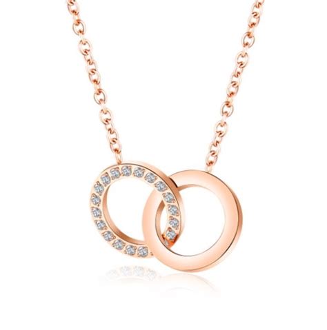 collier en or rose plaqué 18 K avec pendentif double cercle croisé