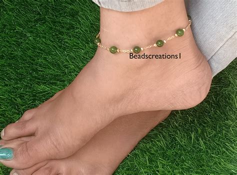 14k Gold Anklet With Green Jade Beads Dainty Foot Etsy