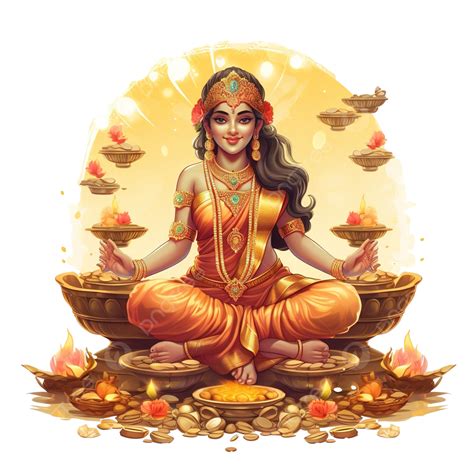 Happy Diwali Design With Goddess Lakshmi Sitting On Lotus And Surrounded By Money And Oil Lamps