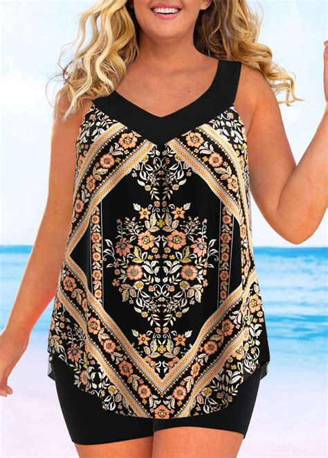 Rotita Curved Hem Wide Strap Floral Print Tankini Top Usd 31 98