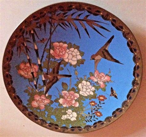 Japon assiette cloisonné émail émaux sur cuivre oiseaux jardin