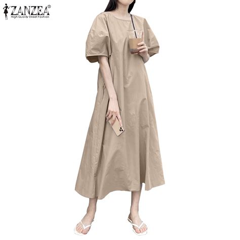 Zanzea Women Korean Round Neck Lantern Sleeve Short Sleeve Net Color