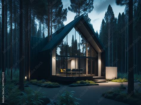 Modern Luxury Villa Exterior In Minimal Style For Luxury Glamping Glass Cottage In The Woods At