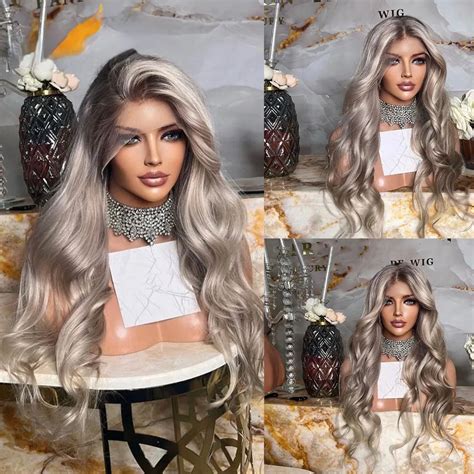 360 Lace Frontal Wig Ash Blonde Ombre Body Wave Human Hair Wig Transparent HD Lace Synthetic