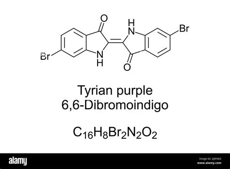 Tyrian purple, 6,6-Dibromoindigo, chemical formula and structure. Also ...