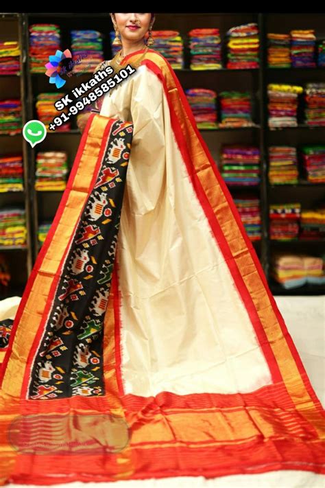 Pochampally Silk Ikkath Saree Halfwhite With Red Border Call Whatsapp