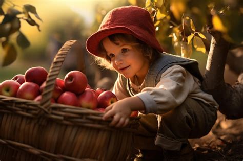 Une Fille Ramassant Des Pommes Dans Un Panier à L automne Photo Gratuite