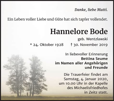 Traueranzeigen Von Hannelore Bode Abschied Nehmen De