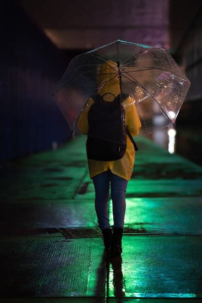 Premium Photo Rear View Of Woman With Umbrella Standing In Rain