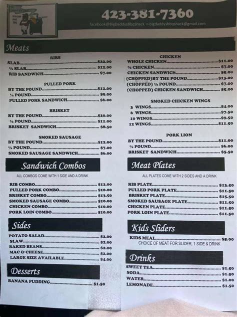 Menu At Big Daddys Bbq Shack Athens 711 S White St