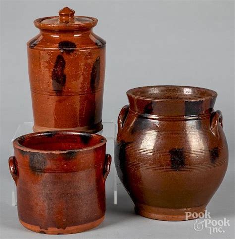 Three Redware Crocks Crock Mugs Pottery