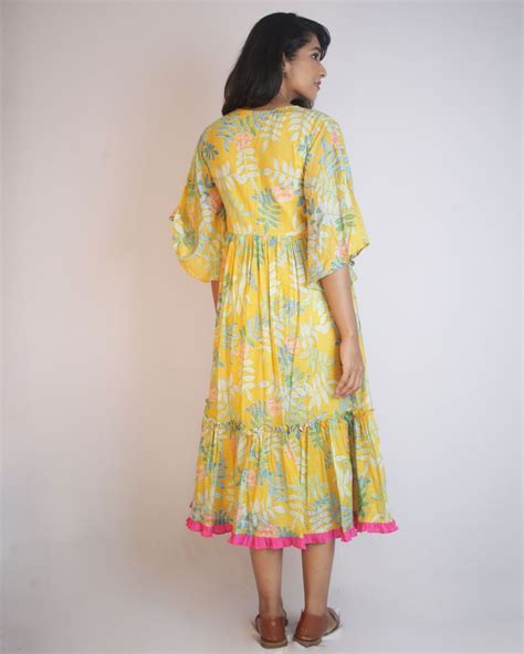 Yellow Tropical Printed Layered Dress By Threeness The Secret Label