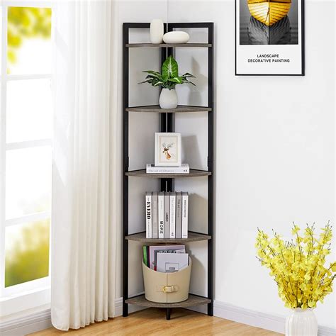 Bon Augure Industrial Corner Shelf Stand Rustic 5 Tier Tall Corner