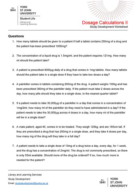 Dosage Calculations Worksheets 2 Library And Learning Services Study