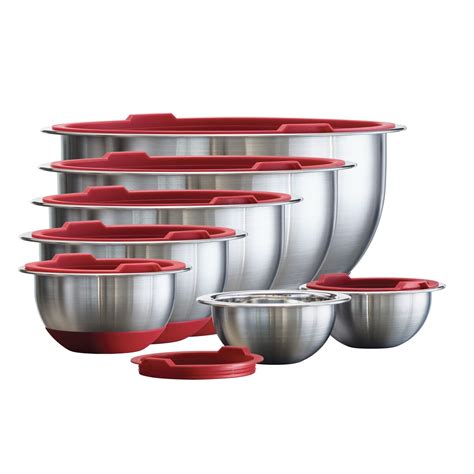 Pc Stainless Steel Covered Mixing Bowl Set With Silicone Base Red