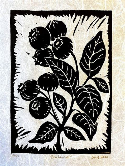 Blueberries Block Print Black And White Print Linocut Etsy Artofit