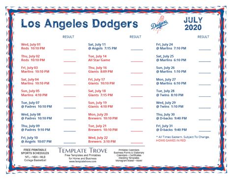 Printable 2020 Los Angeles Dodgers Schedule