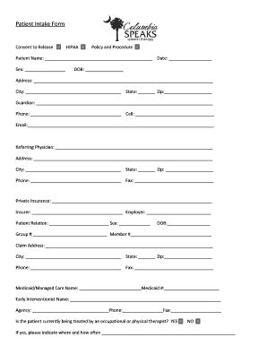 Fillable Online Patient Intake Form Columbia Speaks Fax Email Print