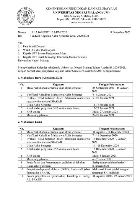 Jadwal Kegiatan Akhir Semester Gasal Fakultas Teknik Um