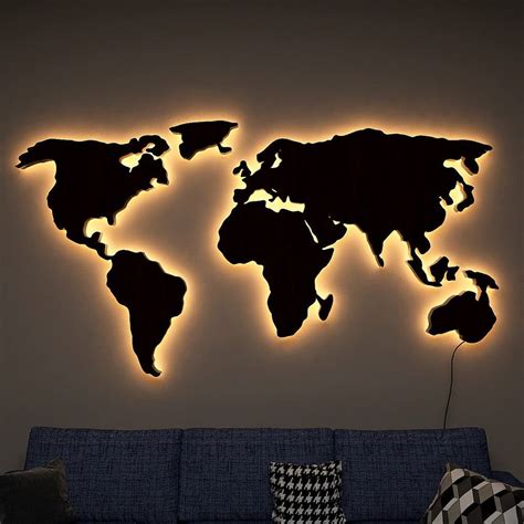 World Map Backlit Wood Wall D Cor Night Light Walnut Finish In