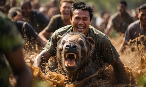 Premium Photo | Man Riding on Brown Bear