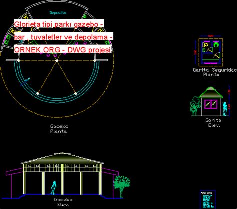 Glorieta tipi parkı gazebo bar tuvaletler ve depolama dwg projesi