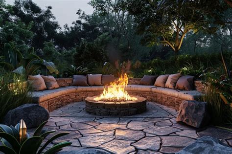 Premium Photo Cozy Outdoor Fire Pit Area With Comfortable Seatin