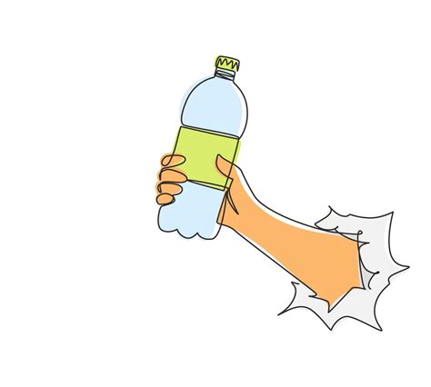 Single One Line Drawing Hand Holding Plastic Bottle Of Pure Drinking