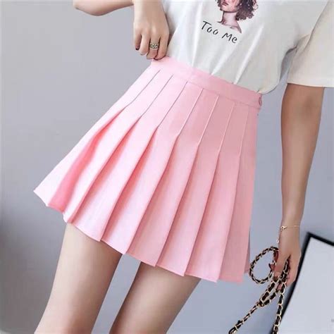 Pink Fashionkova Preppy Style High Waist Solid Pleated Mini Skirt Women