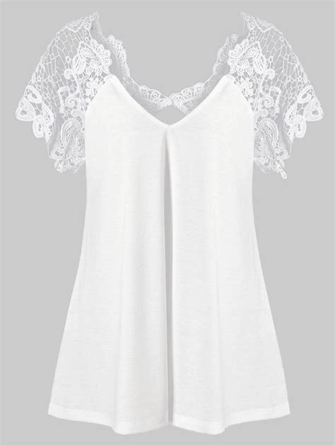 [ 36 Off ] 2019 V Neck Plus Size Lace Trim Cutwork T Shirt Rosegal