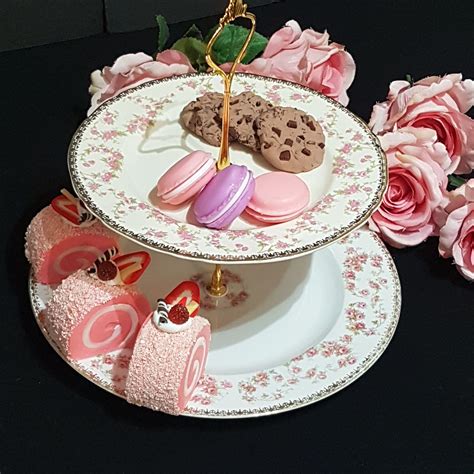 2 Tier Cake Stand Vintage Porcelain Plates Pink Roses Afternoon Tea