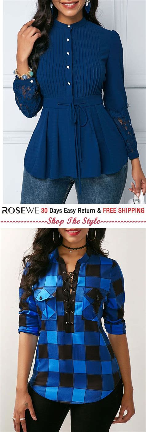 Crinkle Chest Navy Blue Lace Panel Peplum Blouse Rosewe Blouse Shirt