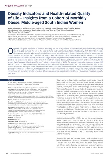 Pdf Obesity Indicators And Health Related Quality Of Life Insights