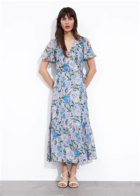 Flutter Sleeve Wrap Midi Dress Light Blue Floral Print Midi Dresses