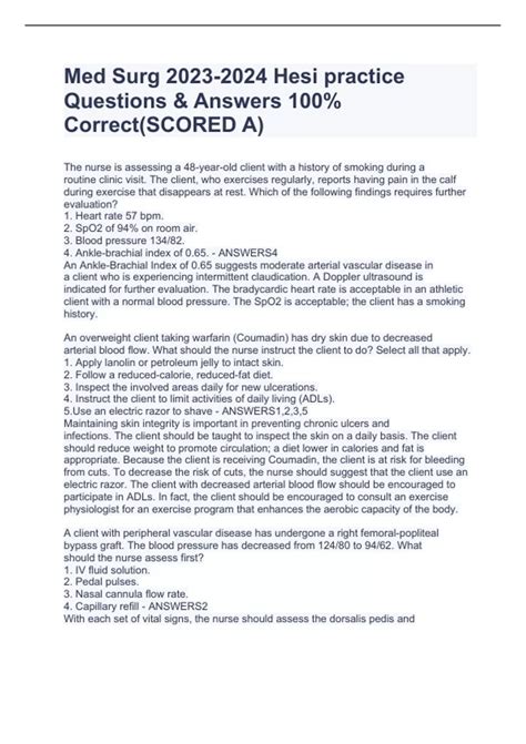 Med Surg Hesi Practice Questions And Answers 100 Correctscored A Med