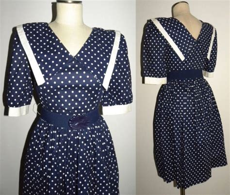 80s Vintage Sailor Style Navy Blue Polka Dot Dress By Robin Gayle