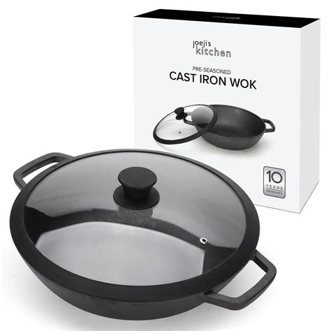 Buy Joejis Cast Iron Wok with Lid 31cm Large with Double Handles and Flat Base Glass Lid ...