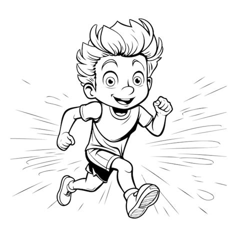 Premium Vector | Running kid black and white cartoon illustration of a ...