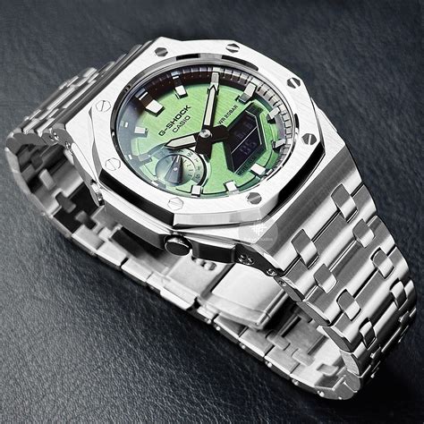 G-SHOCK Mod with Silver Stainless Steel Bracelet, Metallic Green Face