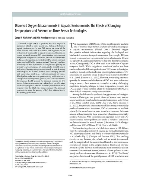 Pdf Dissolved Oxygen Measurements In Aquatic Environments The