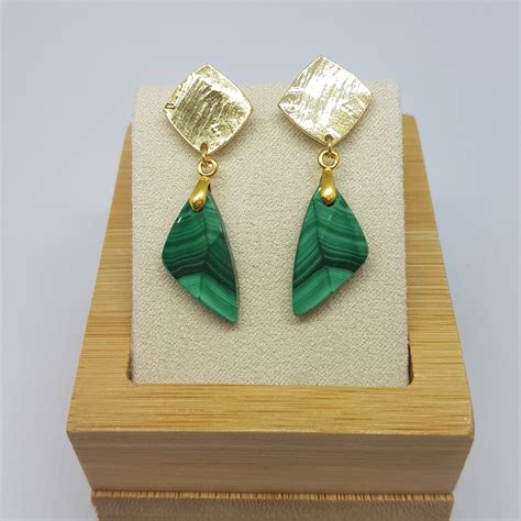 Boucles D Oreilles Triangle En Malachite Et Or Fin Agate Et Lune