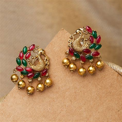 Fida Ethnic Traditional Temple Gold Peacock Stone Embellished Stud