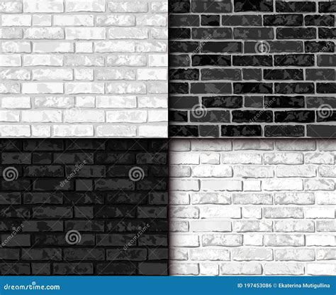 Vector Realistic Black And White Brick Wall Seamless Pattern Set Flat