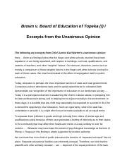 Brown V Board Of Education Of Topeka Excerpts From The Unanimous