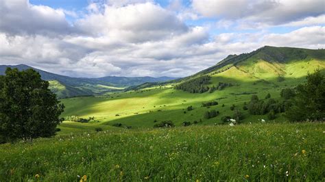 nature, landscape, sky, clouds, mountains, field, grass, wildflowers ...