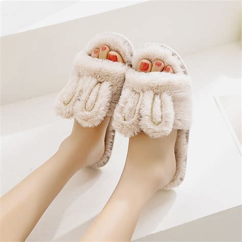 Cute Womens Bunny Slippers Open Toe Fuzzy House Slippers For Girls