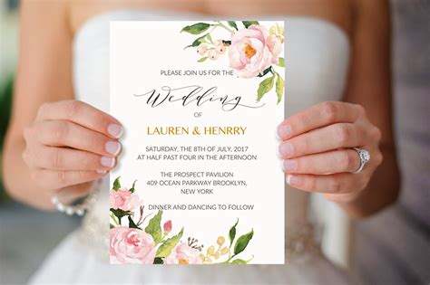 Peony Wedding Invitation Template Printable Pink Floral